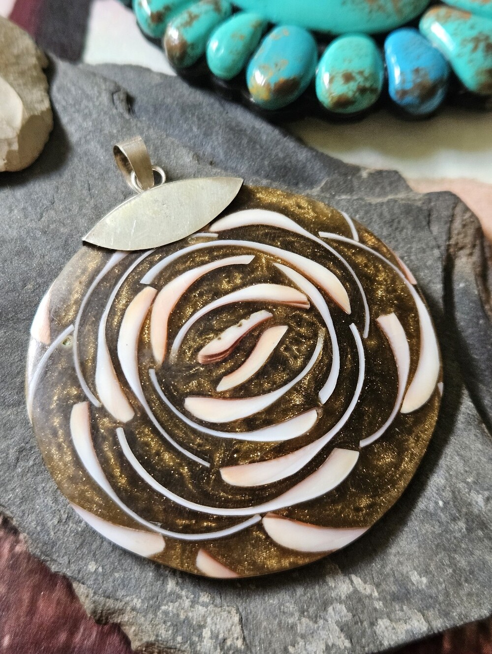 🍿CLEARANCE🍿Huge Resin & Mother of Pearl Shell Sterling Silver Pendant